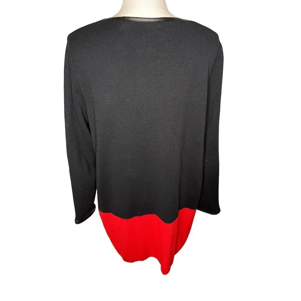 Anne‎ Klein Women’s Large Full-Zip Faux Leather Trim Sweater Black/Ruby